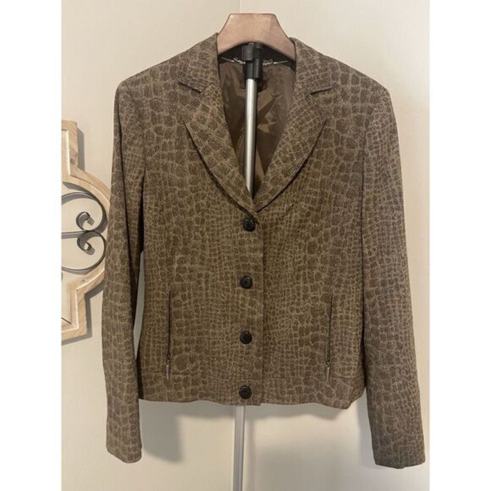 Tesori Blazer Jacket Womens Sz 12 Brown Animal Print‎ Zipper Front Pockets